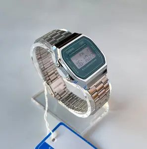 Casio Vintage A168WA-3AY Blue-Green Watch Face Retro Digital Wristwatch Unisex Bracelet Casual Trendy Square Case Metal Band