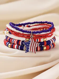 6 Pcs American Flag Color Star Pendant Beaded Soft Clay Bracelet Set, Resin Bangle Set, Beaded Bracelets, Multi-Layer Wrist Jewelry for Women, Casual Party Wear, Multilayered Bangles