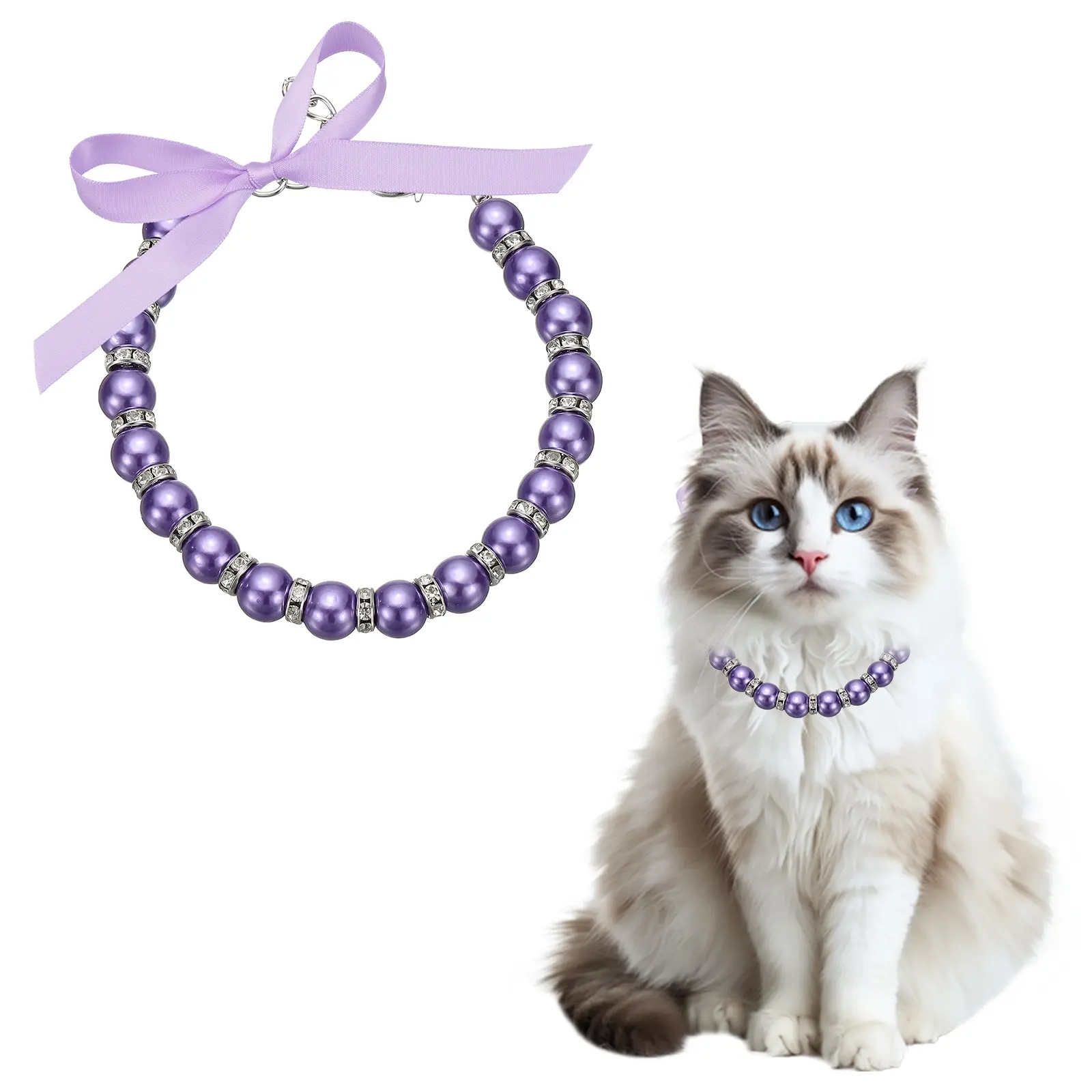 PETAXCELL Cat Collar Pearl Necklace, Dog Pearl Necklace Collar, Pets Jewelry Accessories with Ribbon Bow, Intended for Puppies/Small Dogs Cats/Clothes
