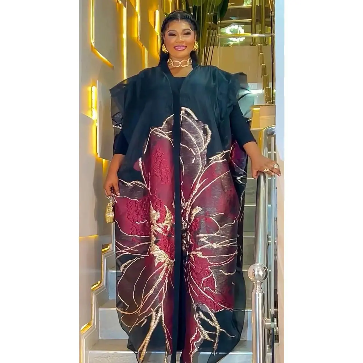 Rich Burgundy Floral Kaftan Brocade Dress 2-Piece Set for Mother of The Bride Wedding Guest Cocktail Dinner Reception Gala Anniversary