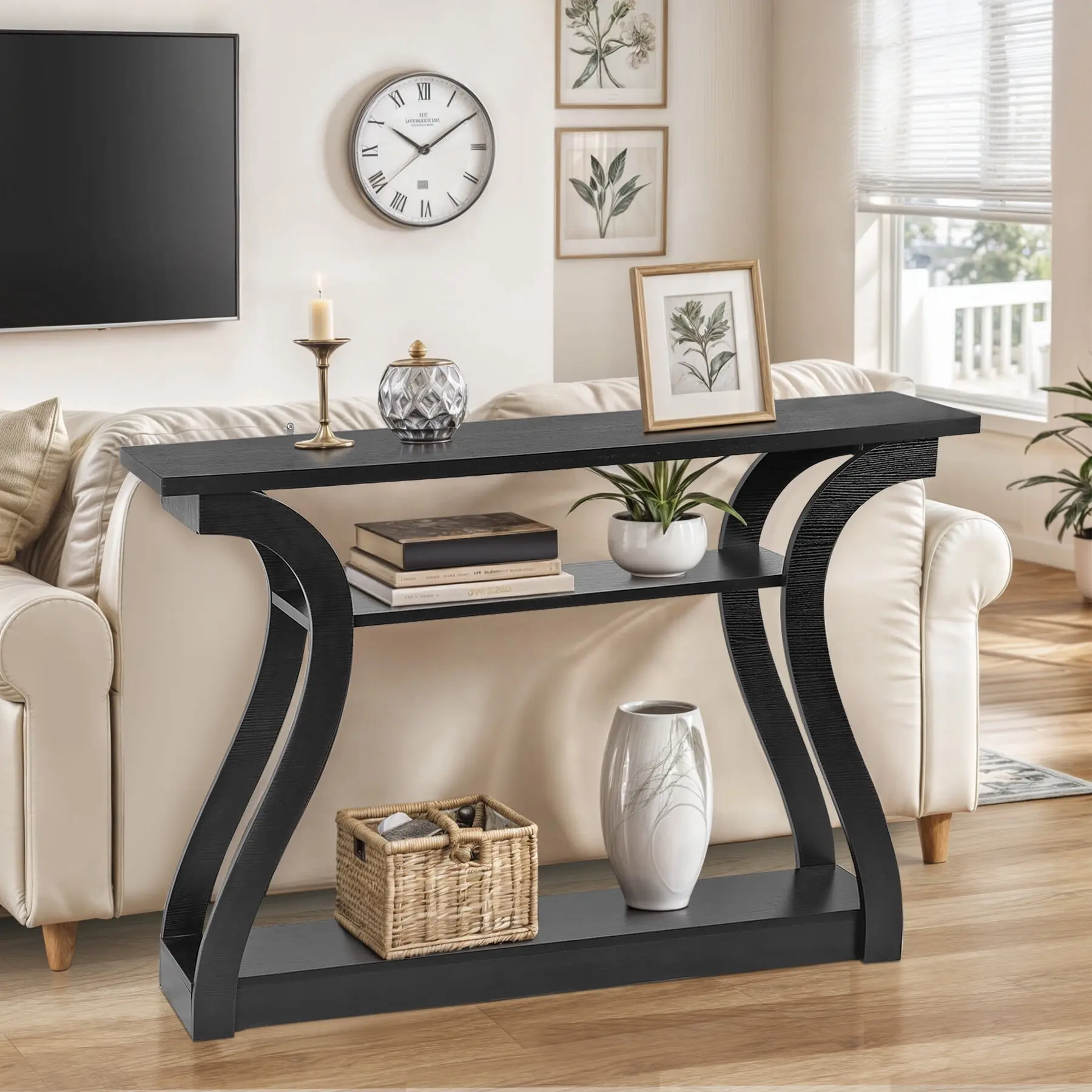 Zeny 47'' Modern Black MDF Narrow Console Table - 3-Tiered Shelves, Black Accent Living Room Furniture, Living Room Decor, Console Table Entryway, Entryway Decor Ideas, Home Office Accent