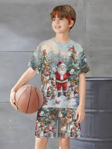Santa Reindeer Print Boys Basketball Set, Christmas Children Short Sleeve Shorts Two-Piece, Casual Slim-Fitting