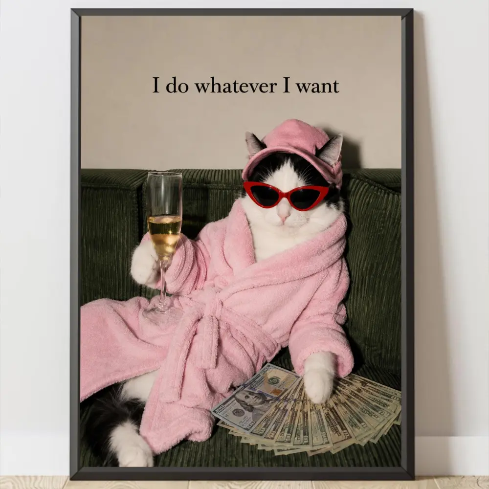 Funny Cat Wall Art Pink Cat Poster Glam Cat Print Quirky Pet Decor Champagne Cat Room Decor Cat Lover Gift