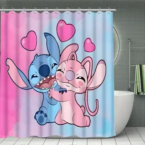 DISNEY CLASSIC Stitch Shower Curtain - Waterproof Polyester, with 12 Hooks, Heart - themed Bathroom Decor for Kids & Fans
