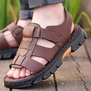 Men's Trendy Sandals With Adjustable Hook & Loop Fastener, Casual Outdoor Walking Shoes - Assorted Colors - For Summer & Casual Wear，Men’s Genuine Leather Summer Sandals – Breathable Open Toe Casual Beach Shoes with Soft Non-Slip Sole for Outdoor Walking