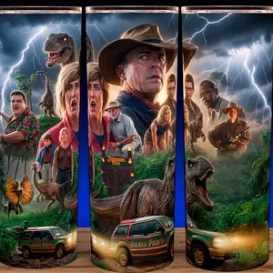 Jurassic Park 90s Movie Dinosaur Cup Mug Tumbler 20oz  Stainless Steel Tumbler with Slide Closure Lid, Reusable Plastic Straw, Handmade Design - Drinkware
