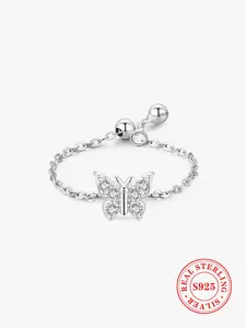 925 Sterling Silver Elegant Butterfly Design Adjustable Chain Finger Ring, Simple Design Jewelry for Women, Trendy All-match & Exquisite Jewelry for Birthday Gift