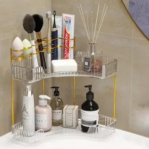 Bathroom Vanity Organizer Makeup Storage Organizer 2 Tier Corner Counter Shelf for Cosmetic Skincare, Transparent/Gold
