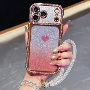 Instantly Transformable Electroplated Star Diamond Wave Strap Phone Case for Apple 17Promax, Heart-Shaped Glitter Lens Film, 16/15/14 Shockproof Protective Cover