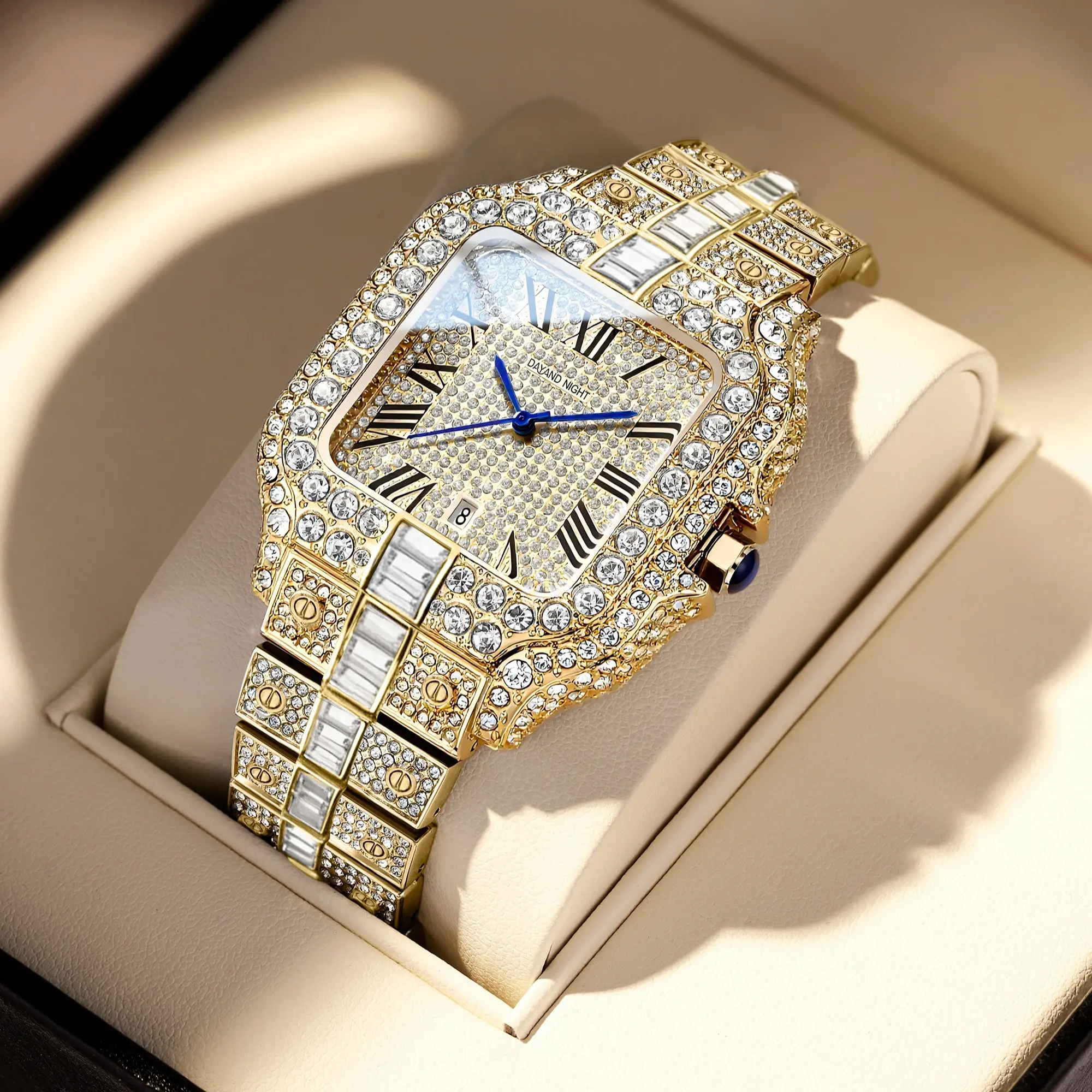 Dayand Night Unisex Luxury Iced-Out Moissanite Quartz Wristwatch - 42mm Water-Resistant Square Face with Roman Numerals & Calendar, Business Fashion Watches for Valentine's Day, Anniversaries, 42Mm Watch, 30M - 50M, Analog-Digital, Full Diamond Look, Clas