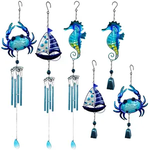 Ocean Series Wind Chimes: Crab, Seahorse, and Sailboat — Mediterranean-Style Hanging Decor for Hawaiian-Themed Homes and Gardens