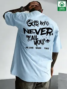 Summer Men's 100% Cotton Casual Short-Sleeve T-Shirt, "God Will Never Fail You" Print, Oversized Streetwear, Soft & Breathable, Trendy Faith-Based Tee for Daily Wear