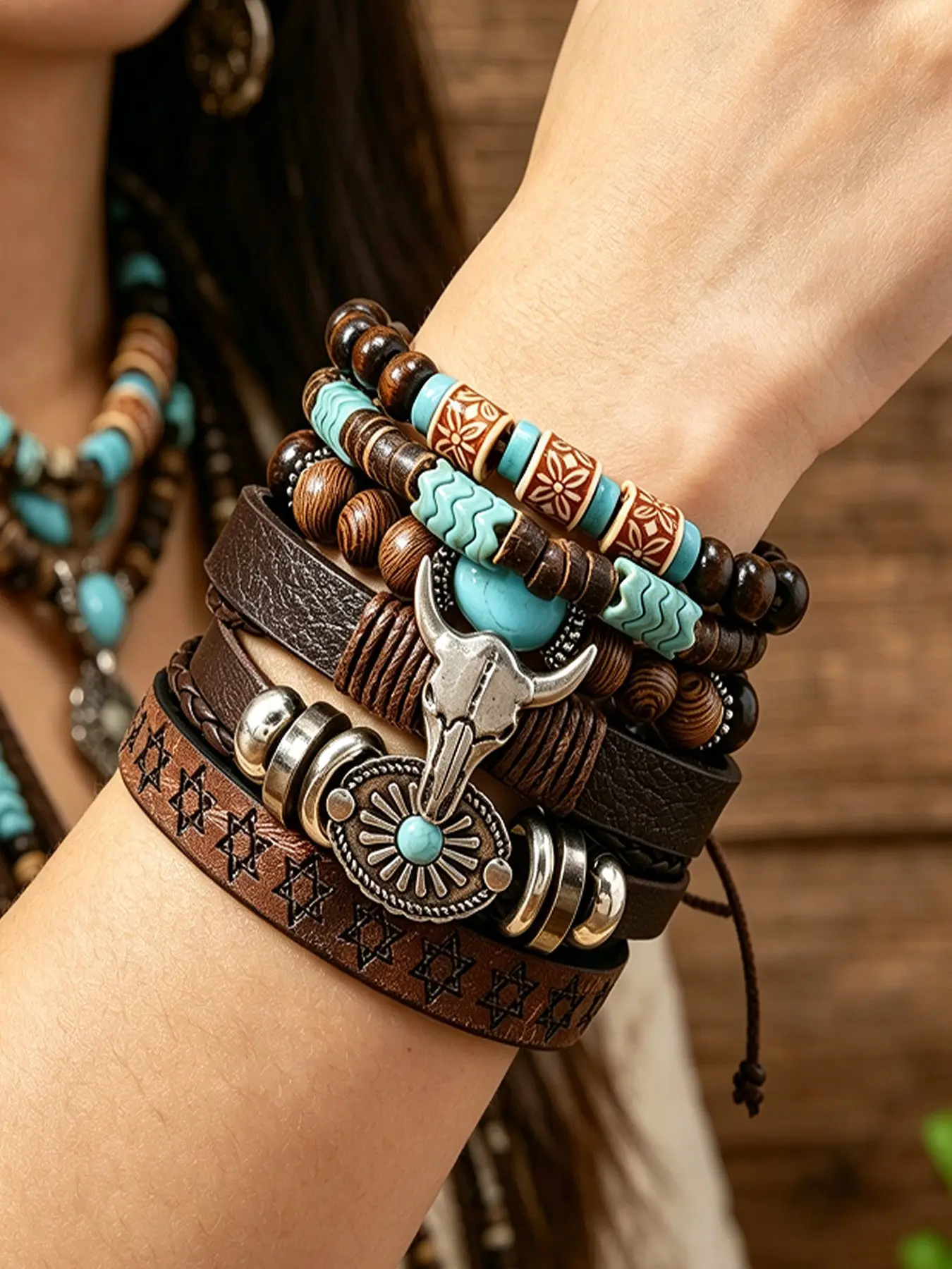 6 Pcs Classic Bull Head Western Cowboy Bohemian Bracelets Set, Layered Boho Adjustable Unisex Jewelry, Perfect for Vacation, Party, Friendship Gift, Jewelry Gifts