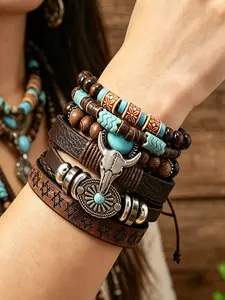 6 Pcs Classic Bull Head Western Cowboy Bracelets Set, Layered Boho Adjustable Unisex Jewelry, Perfect for Vacation, Party, Friendship Gift