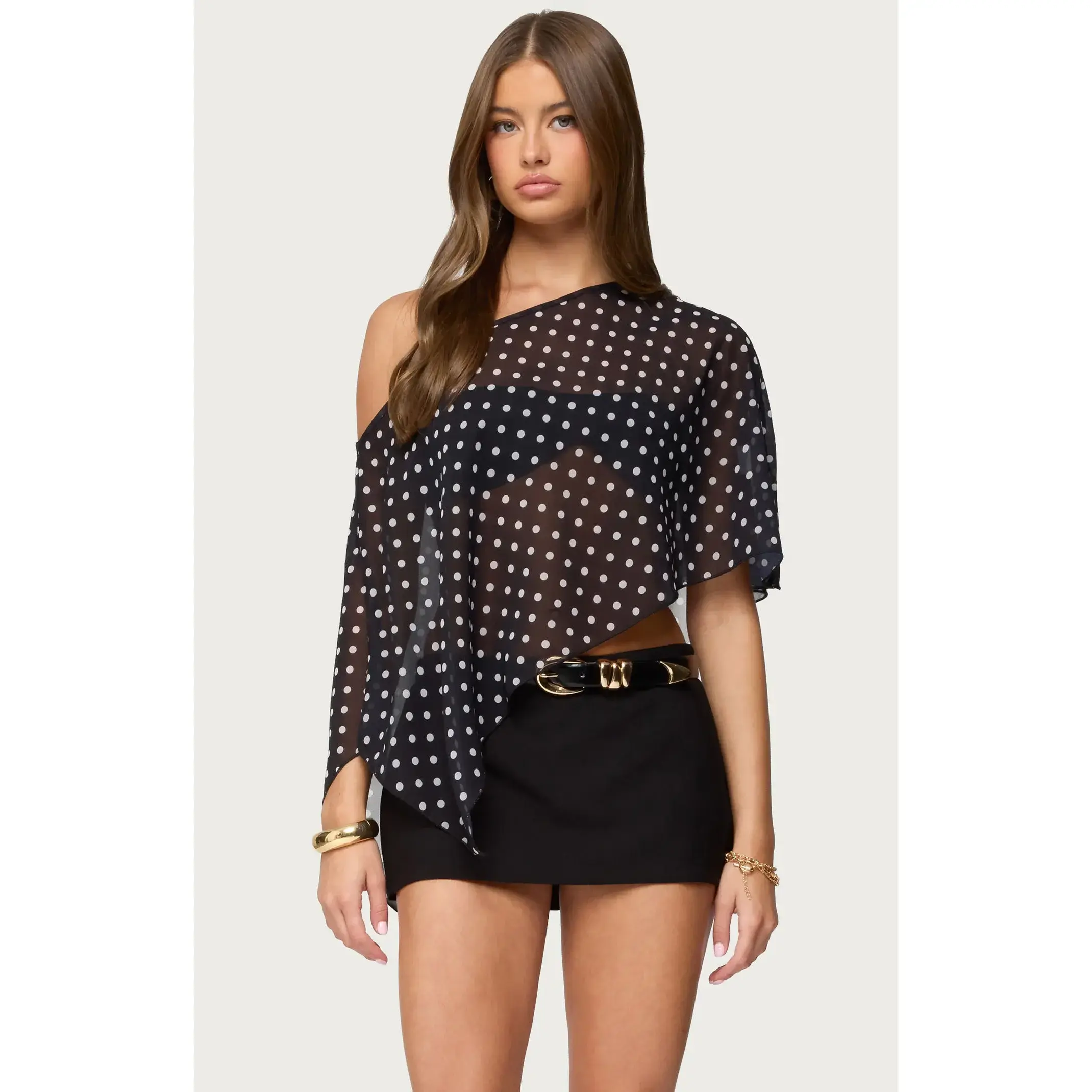 Edikted Women's Sheer Chiffon Asymmetric Polka Dot Poncho