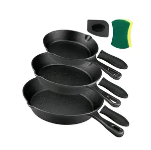 Cast Iron Skillet Set - 3 Piece 6 inch, 8 inch and 10 inch Cast Iron Pan, with Silicone Handles+Scraper+Dish Sponge - Oven Grill Stovetop Safe Cookware Pre-Seasoned