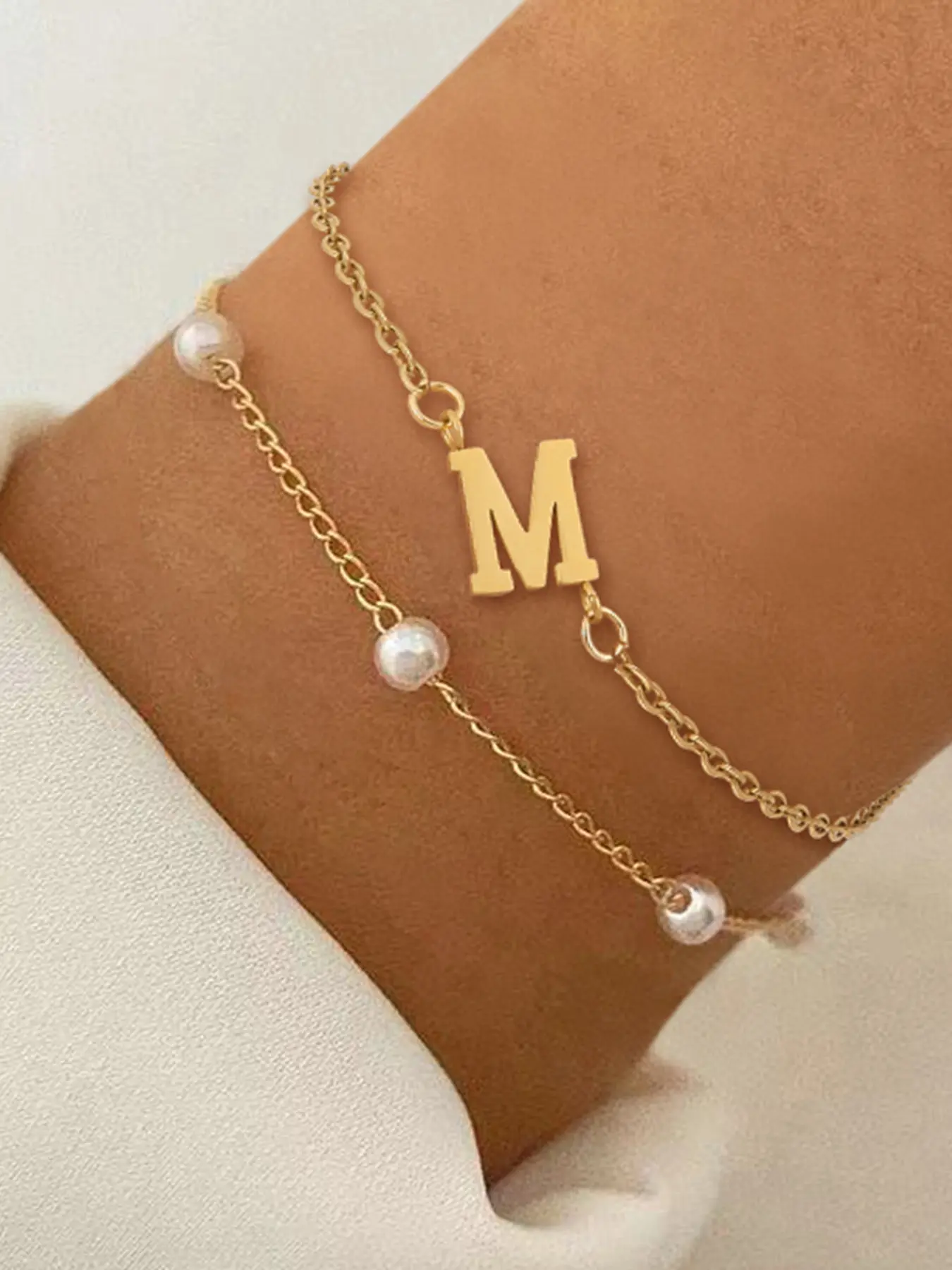 Women's Letter Initial Bracelet Set, Classic Beaded Chain Stainless Steel Multi-Layered Jewelry, Casual All-Season Accessory, Initial Charm Bracelets