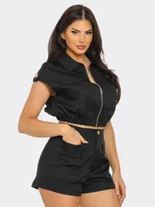 Catalina 2 Piece Set - Black Fitted Short Sleeve Crop Top with Front Zipper & Side Pockets & Above the Knee Shorts Set for Summer Casual Wear