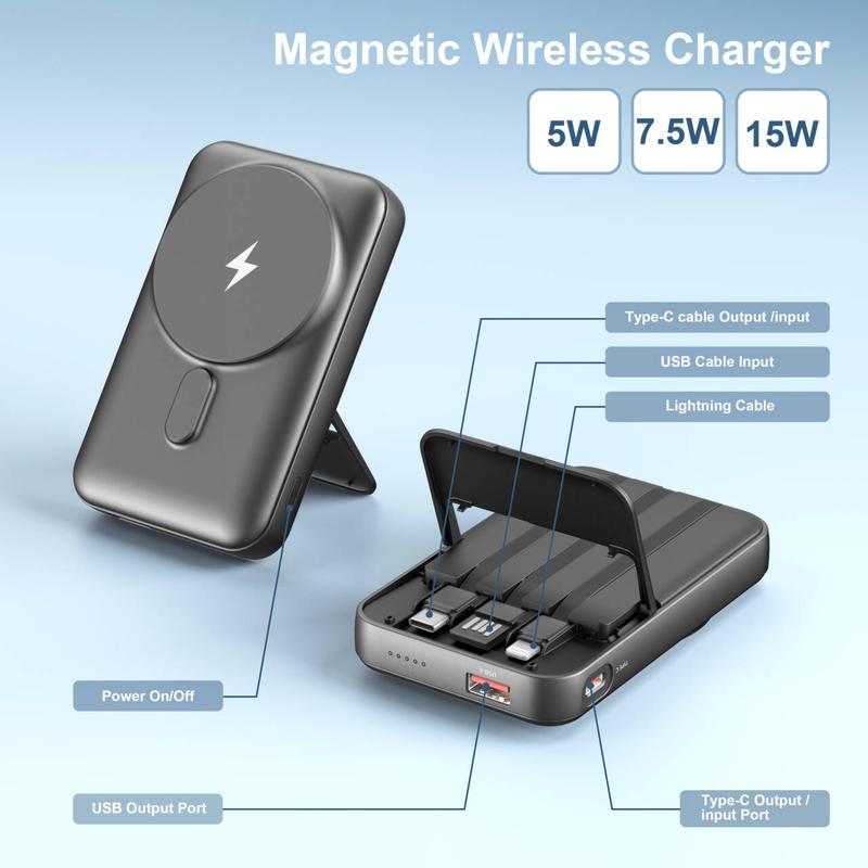 Magnetic Power Bank, 10,000mAh Wireless Portable Charger with 22.5W Max Fast Charging, Built-in USB-C and Lightning Cable, Fast Charging Battery Pack with Phone Stand for  iPhone 16/15/14/13/12/Pro/Pro Max