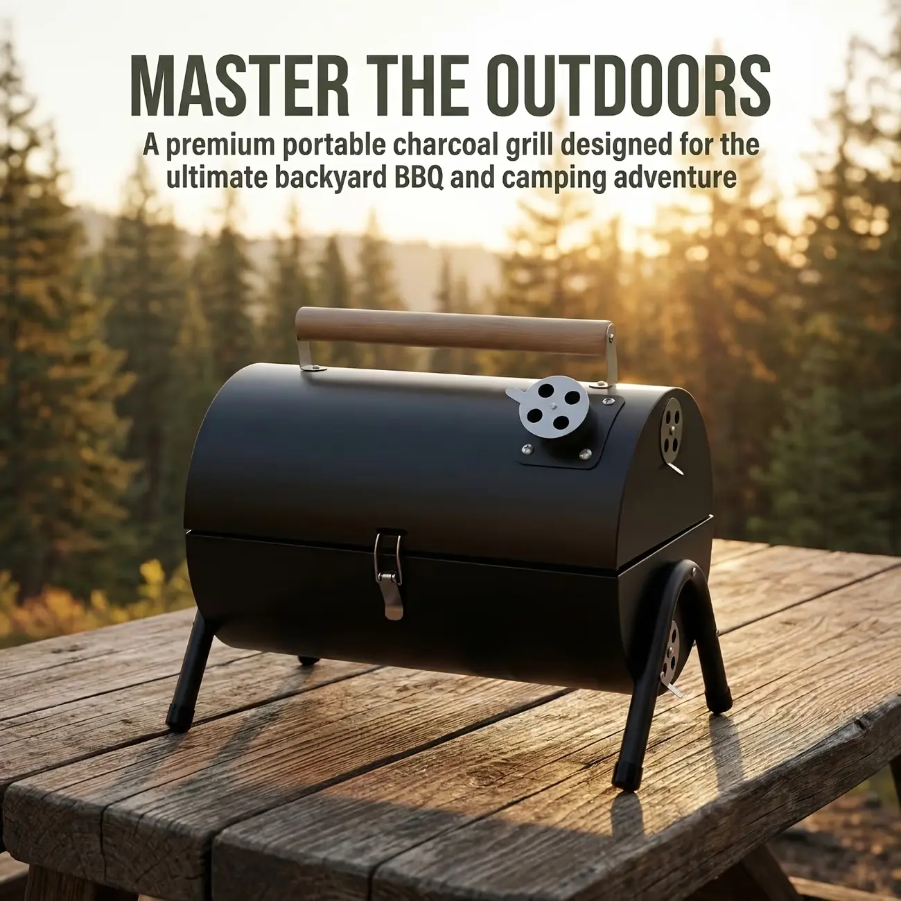Portable Barrel Charcoal Grill with Wooden Handle, Compact Outdoor BBQ Grill for Camping, Tailgating, Picnics and Weekend Cookouts