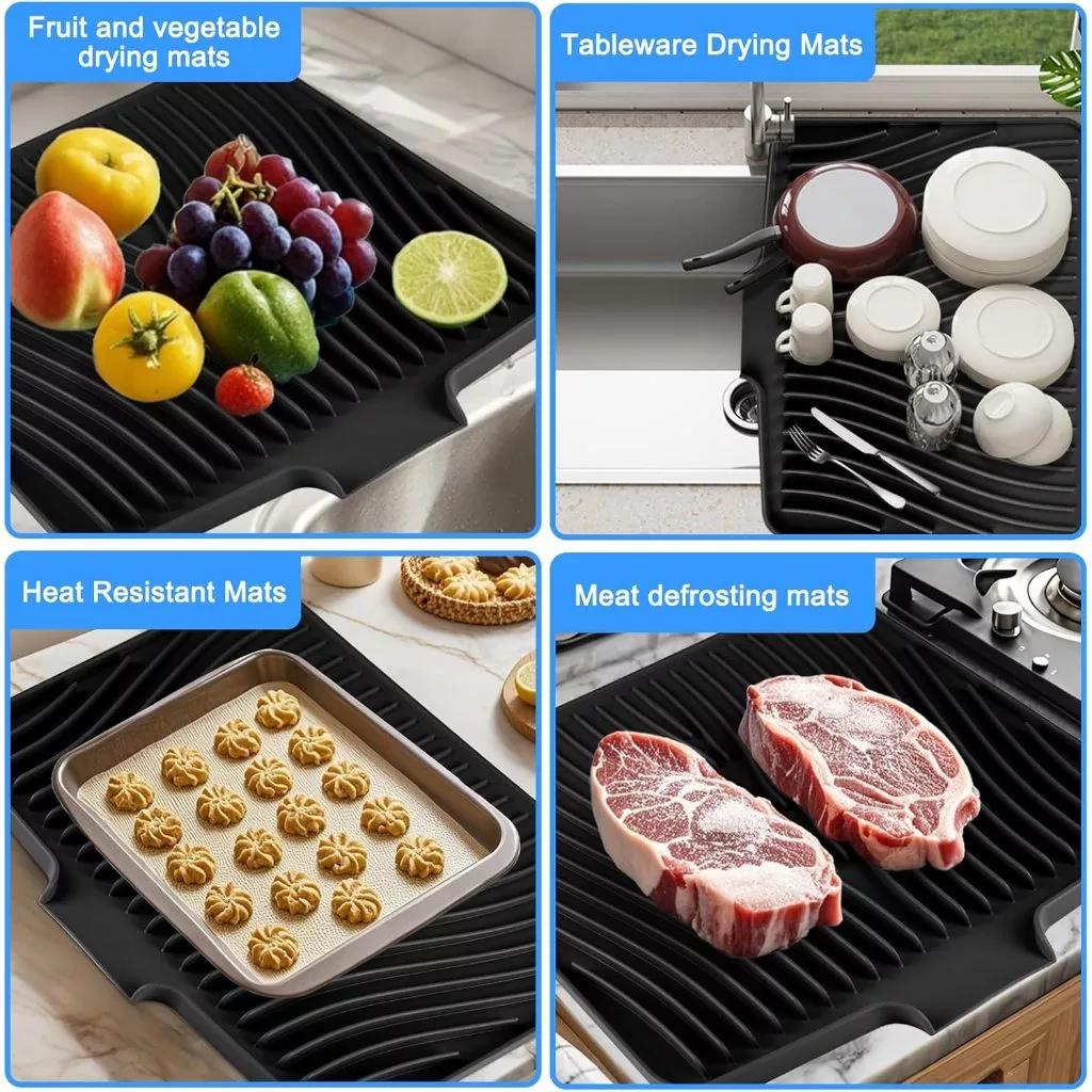 Silicone Dish Drying Mat 23 X 17 Greywith Built-in Drain Lip Hygienic Sturdy CompactEasy to Clean Tray Protects Surfaces PreventsWater Build Up