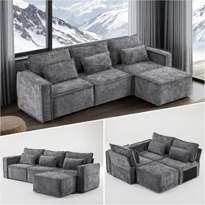 VINGLI 111" Convertible Modular Sectional Sofa,Comfortable L Shaped Reversible Couch with Ottoman, Removable 3 Seater Boneless Modern Couch, Durable Chenille Cloud Sofa for Living Room