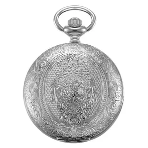OIDEA Engraved Lid 24-Hour Military Scale Numeric Dial Quartz Pocket Watch Sweater Necklace Chain Silver Unisex