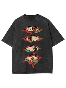 Menswear Vintage Washed Distressed Round Neck Short-Sleeve T-Shirt - Heavyweight Cotton, Trippy Glitchy Eye Gothic Graphic, Oversized Festive Streetwear Unisex Casual Tee for Men