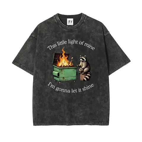 Men's Casual Vintage Raccoon Graphic 100% Cotton Washed Oversize Round Neck Short Sleeve Hot Stamped 'This Little Light of Mine' Slogan T-Shirt - Retro Streetwear Top, 3xl/4xl/5xl Graphic Shirts, Daily Wear