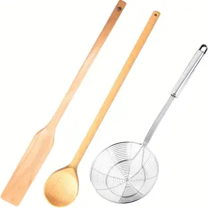 Extra Long 24” Wooden Paddle + 24" Wood Spoon +16” Stainless Steel Strainer Skimmer, Stirring Utensils, Cooking, Mixing, Home Brewing Stock Pots Cajun Crawfish, Seafood and Crab Pot Boil Accessories