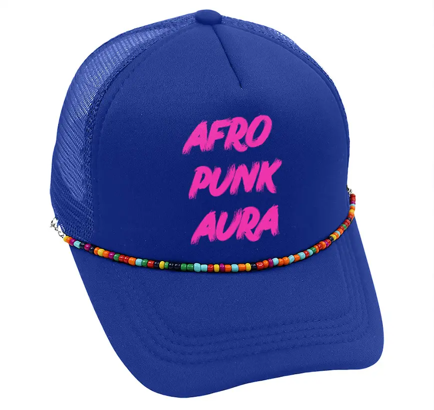 Afro Punk Aura Trucker-Crown Blu Cotton Adjustable Snap-Back Hat with Colorful Bead Band for hiking, dance parties raves & music festivals