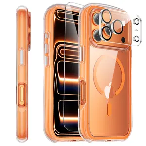 YZOIKO 3-in-1 Air for Heavy Duty iPhone 17 Pro Max Case with Screen Protector & Camera Lens Protector, [Fits MagSafe] [Military-Grade Protection] [Built-in Airbag] Shockproof Case for 17 Pro Max, Clear Orange