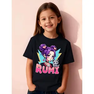 1[1-Piece] Girls' Creative "Rumi Purple Power Cartoon" Print Summer Short-Sleeve T-Shirt, Pink, White, and Other Series Printed Short-Sleeve T-Shirt Top Base Layer, 100% Polyester Fiber, Slightly Stretchy Crew Neck Regular Fit Sporty Casual Pullover