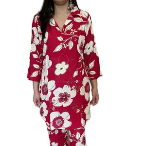 Women's Wear Cotton Two Piece Cord Set with Red Floral Print and V-Neck Design