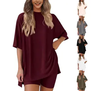 Women's 2-Piece Lounge Set - Oversized Side-Slit T-Shirt & High Waist Biker Shorts Outfit