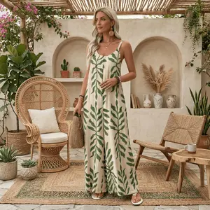 Elegant Botanical Print Wide Leg Jumpsuit, Women's Oversized Spaghetti Strap Overalls, Casual Summer Holiday Outfits