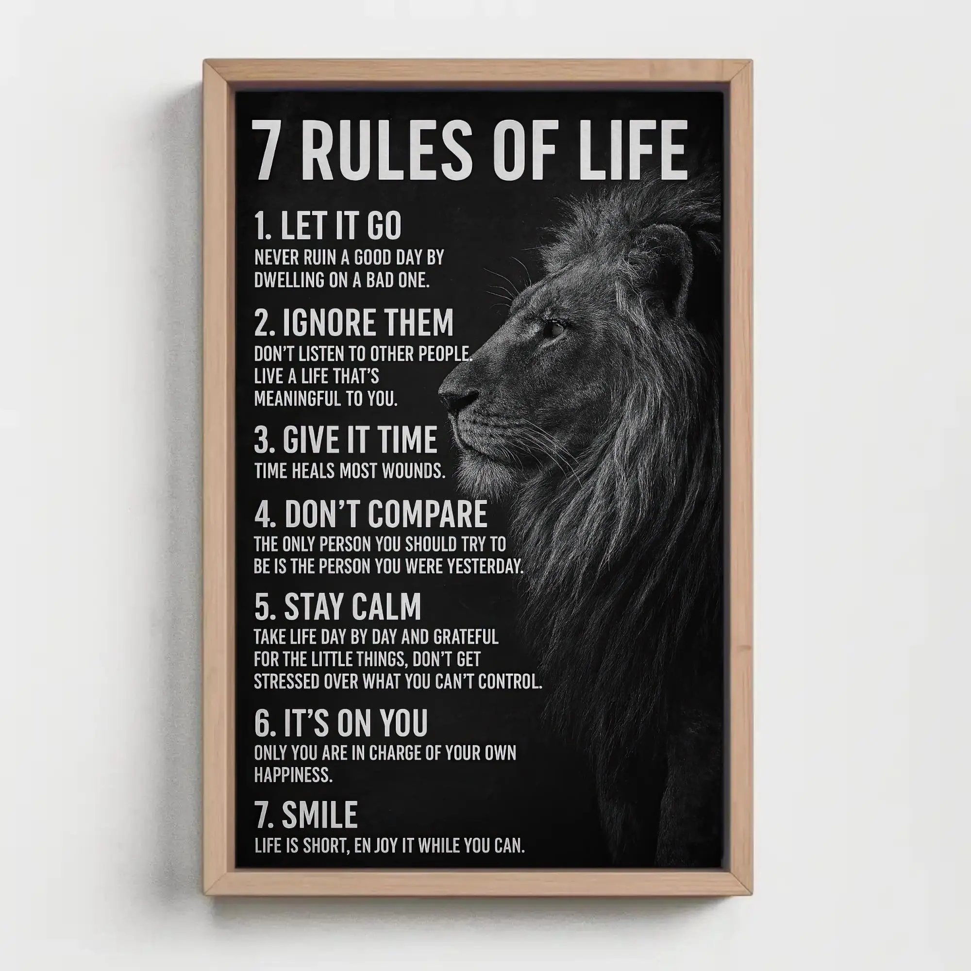 7 Rules of Life Canvas Print, Extra Large Lion Motivation Wall Art, Inspirational Animal Decor for Office, Gym, or Masculine Living Space