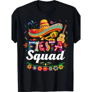 Men's "Fiesta Squad" Graphic Print Cotton Short Sleeve Crew Neck Tee Shirt - 100% Breathable Knit Fabric, Regular Fit, Vibrant Mexican-Themed Design with Sombrero & Guitar, Perfect for Summer Outdoor Activities & Casual Wear - Machine Washable, Outdoor Te