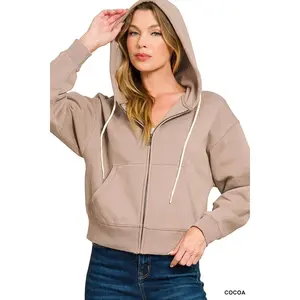 Zenana Fleece Cropped Zip-up Hoodie with Pockets