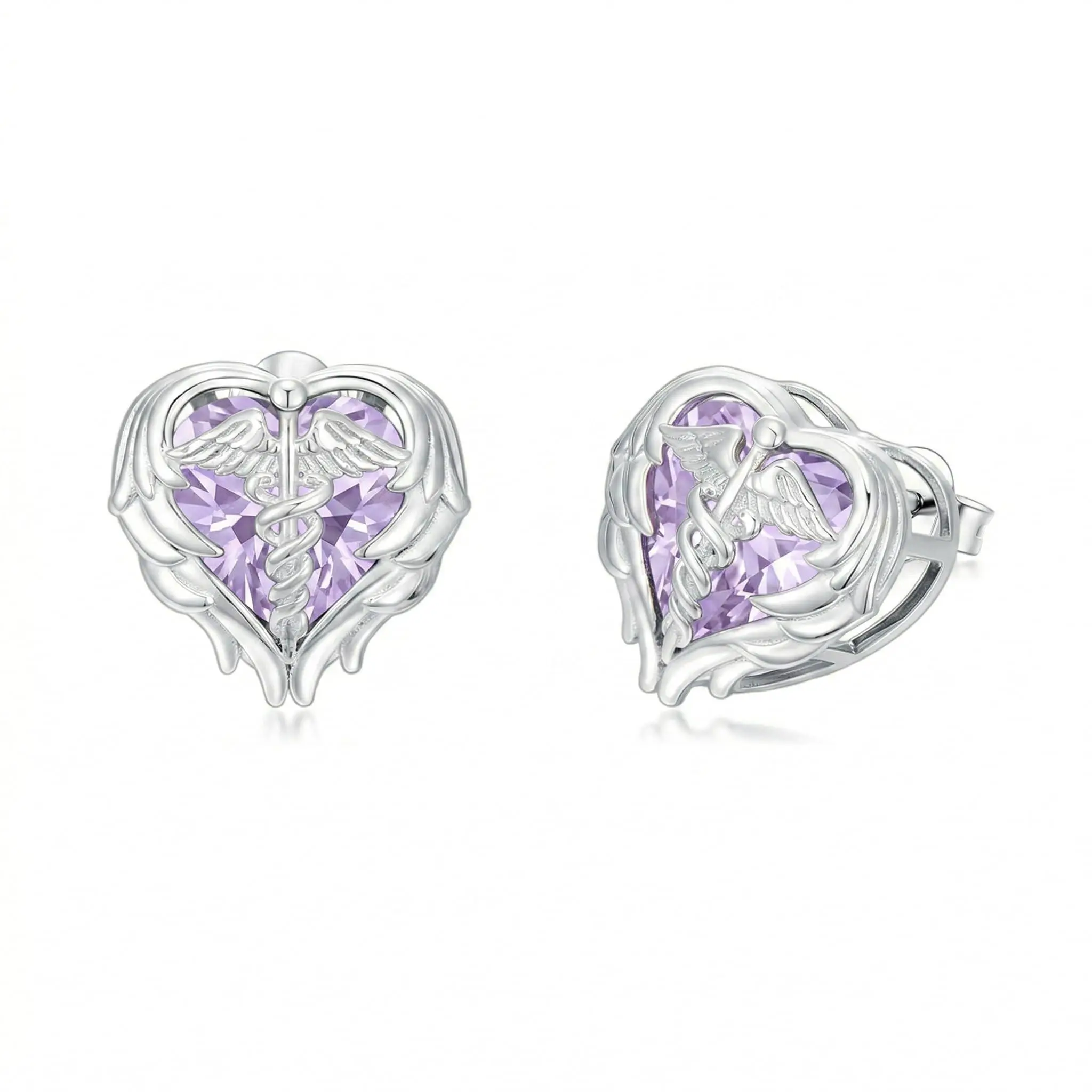 Caduceus Nurse Earrings 925 Sterling Silver Nurse Angel Wing Heart Earrings Nursing Graduation Jewelry Gifts for Women Doctor Medical Student-Alexandrite Light Purple