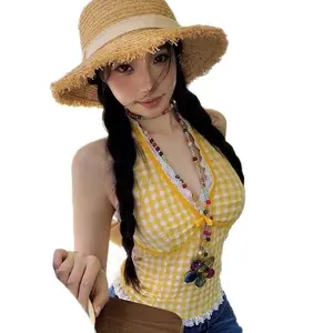 [Oder 10-12days] Sexy V Neck Lace Trim Halter Top Women Aesthetic Gingham Crop Top Y2K Baddie Going Out Outfit Available In Multiple Shades