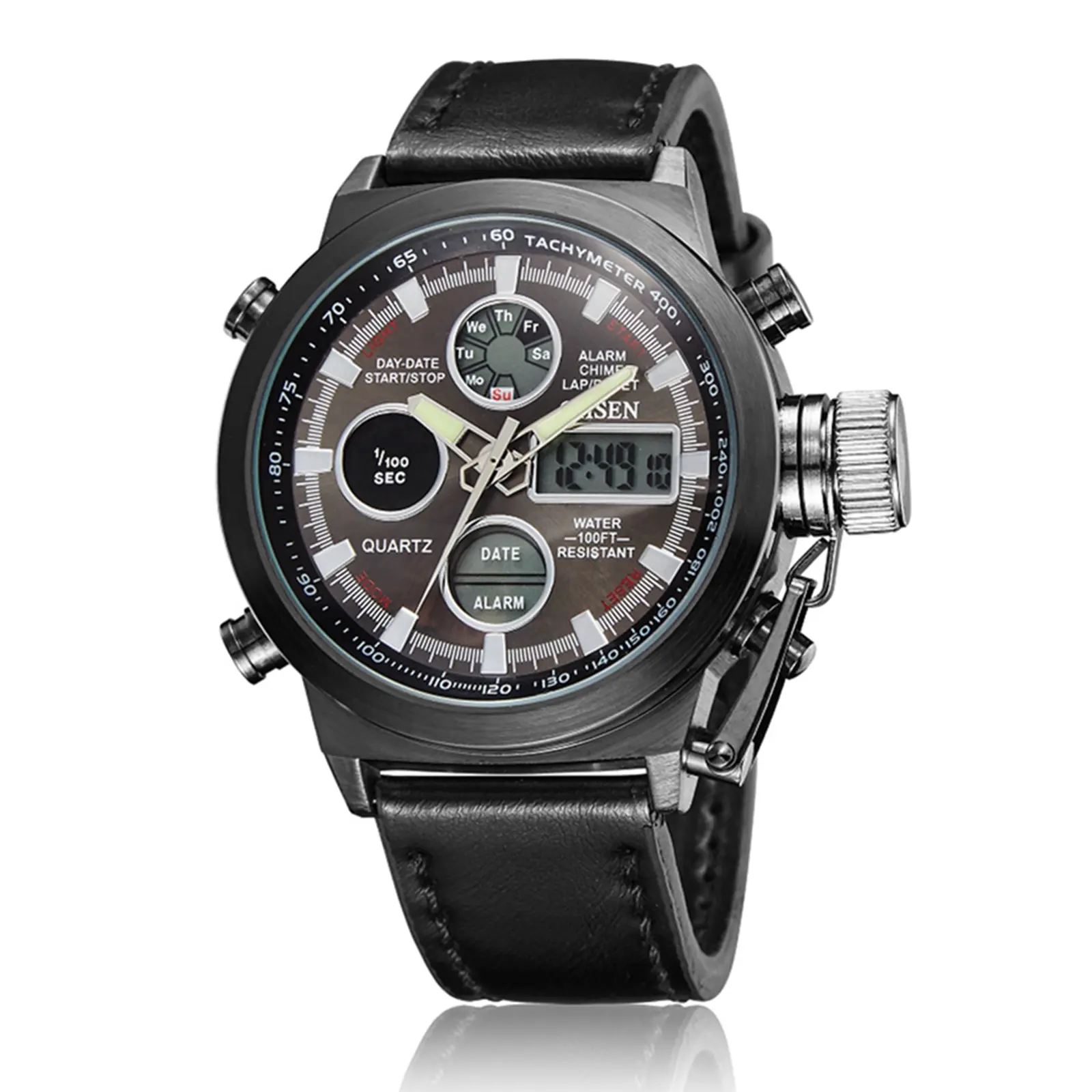 OIDEA Men's Steampunk Tactical Military Quartz Watch - Digital-Analog Dual Display Wristwatch with Genuine Leather Band, Big Face, Hourly Chime, LED, Luminous, Stopwatch, Calendar, Alarm, Water Resistant