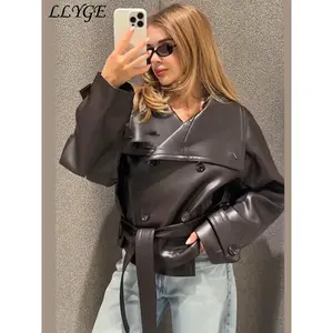 Street Women's Cropped Leather Jackets With Belt Lapel Double Breasted Pockets Long Sleeve Coat 2025 Autumn Lady Vintage Outwear