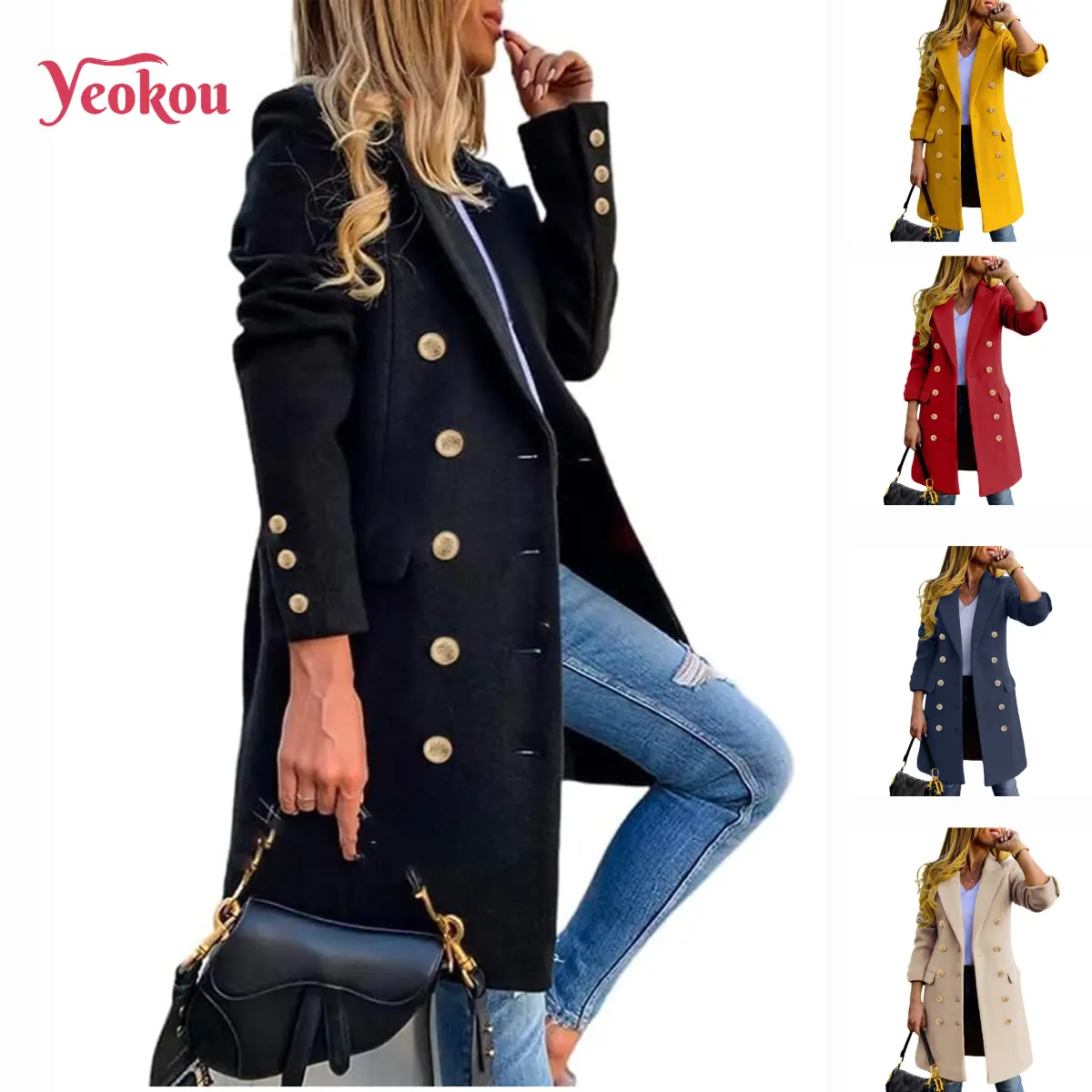 Yeokou Women's Fitted Slim-Fit Long-Sleeve Double-Breasted Wool-Blend Midi Peacoat for Fall Winter