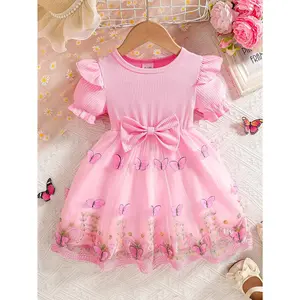 Baby girl's sweet and dreamy summer style pink butterfly embroidery paired with a large bow short sleeved princess skirt, suitable for baby clothes on holidays such as Children's Day and birthday parties