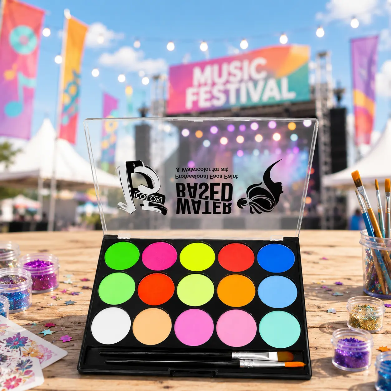 Face & Body Paint Set, 15 Color Neon Water Activated Palette, Gentle UV Blacklight Glow Makeup for Parties, Festivals & Halloween