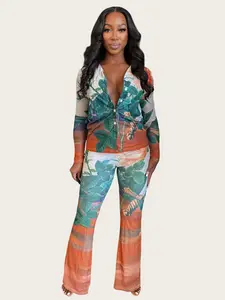 Tropical Mirage Jungle Muse Print Pant Set for Luxe Resort Escapes - Casual Women's 100% Polyester Top & High-Waist Pants in Pastel Ombre Fabric