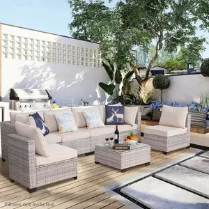 ZOPATICO Patio Furniture Set 7 Piece, Garden Furniture Set PE Rattan Brown Indoor & Outdoor Chair Set with Coffee Table & Seat Cushion for Lounge Couches Home