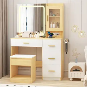 White Vanity Desk with Mirror and Lights 3 Colors LED Vanity Mirror Modern Makeup Dressing Table with Built-In Outlets Storage Stool 4 Drawers Hair Dryer Holder12 Inch for Bedroom