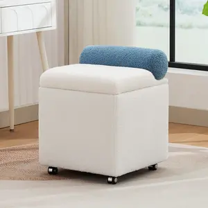 Boucle Vanity Chair with Storage, Swivel Vanity Stools with Safety Hinge, Upholstered Makeup Chair with Wheels, Square Ottoman Stool for Living Room, Dressing, Bedroom